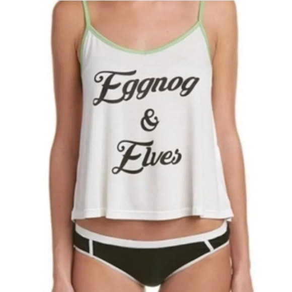 MINKPINK NWT 3 Pc Christmas Sleepwear White Black Green Eggnog Elves Dasher XS - Picture 1 of 8